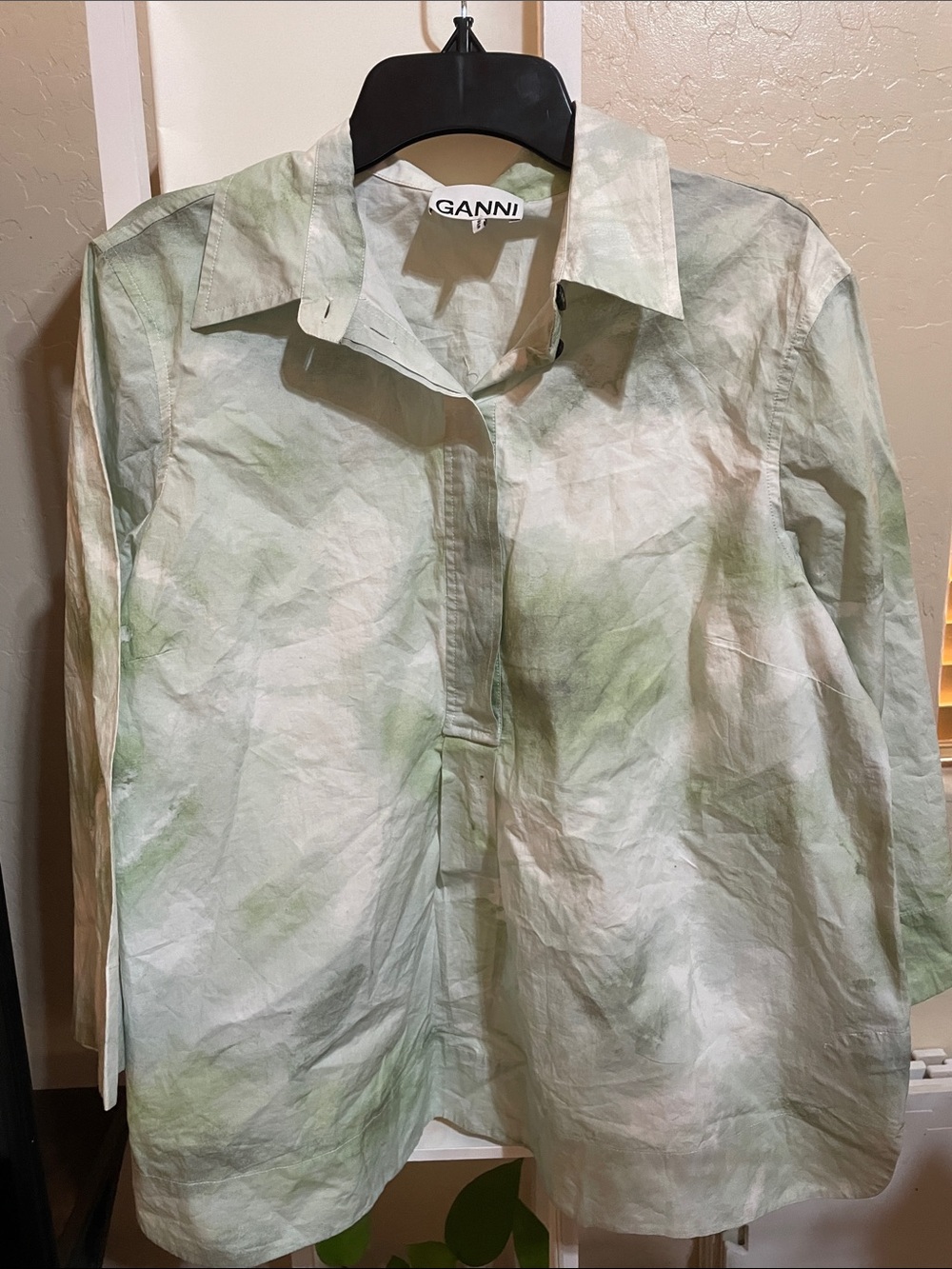 Ganni Pale Green and White Washed Button-Up Shirt